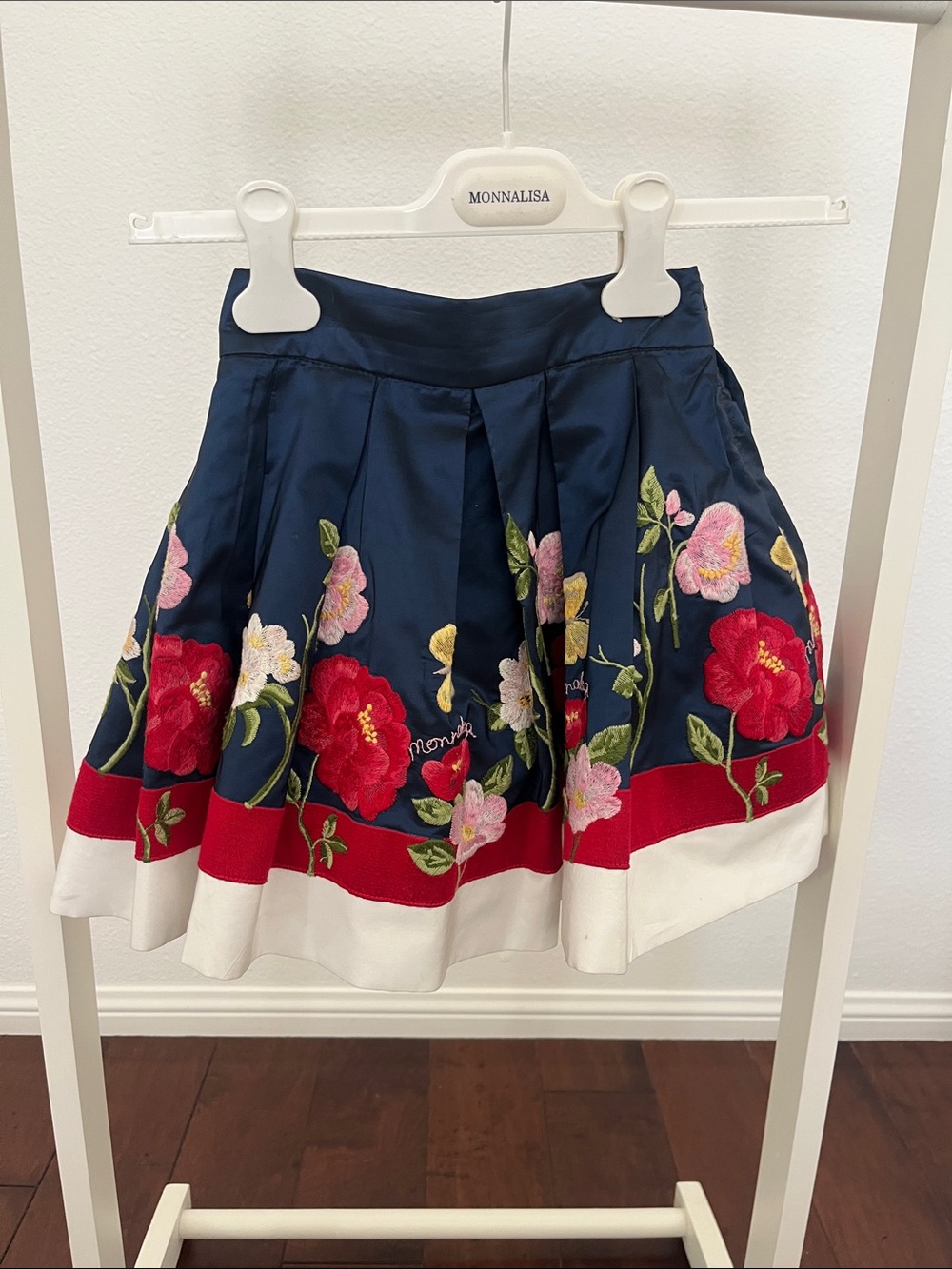 MonnaLisa Navy Floral Embroidered Circle Skirt with Red & White Hem